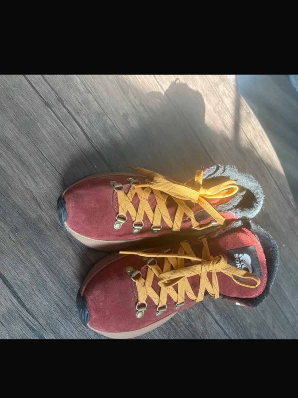 Sorel Kids Red Suede Boots with Yellow Laces